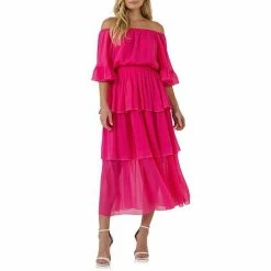 Endless Rose Chiffon Off The Shoulder Ruffle Tier Maxi Fuchsia