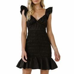 Endless Rose Plunging Lace Trim Dress With Puff Sleeve