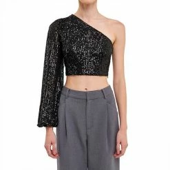 Endless Rose One Sleeve Asymmetrical Sequins Crop Top -Endless Rose shop unnamed file 1155