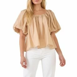 Endless Rose Pleated Puff Sleeve Top Beige