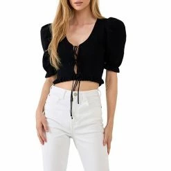 Endless Rose Tied Straps Puff Sleeve Cardigan Black