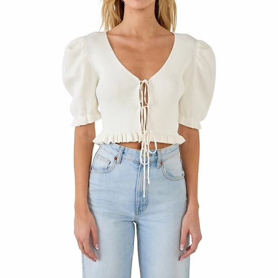 Endless Rose Tied Straps Puff Sleeve Cardigan Black - Image 4