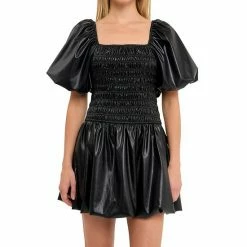 Endless Rose PU Leather Smocked Balloon Detail Mini Dress -Endless Rose shop unnamed file 1259