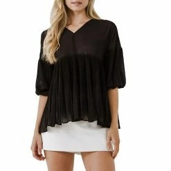 Endless Rose Pleated Chiffon Flowy Top Black