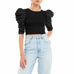 Endless Rose Mixed Media Puff Sleeve Top Black
