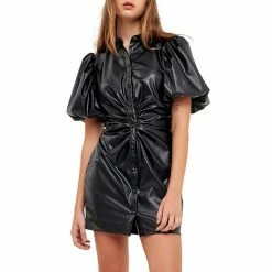Endless Rose Short-Sleeve Faux Leather Mini Dress Black