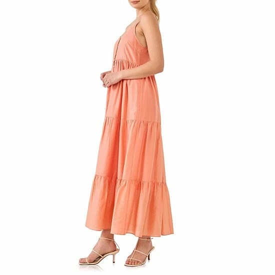 Endless Rose Button Detail Tiered Midi Dress Coral - Image 3