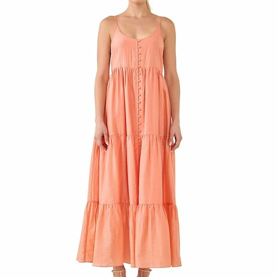 Endless Rose Button Detail Tiered Midi Dress Coral - Image 4