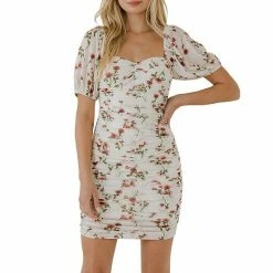 Endless Rose Floral Mesh Ruched Mini Dress With Short Sleeves