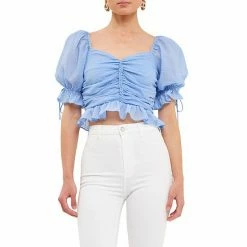 Endless Rose Chiffon Gridded Gathered Top