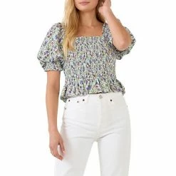 Endless Rose Jacquard Floral Smocked Puff Sleeve Top