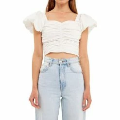 Endless Rose Shirring Detail Puff Sleeve Cropped Top -Endless Rose shop unnamed file 792