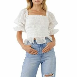 Endless Rose Embroidered Trim Smocked Woven Top